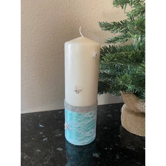 Turquoise Blue Handcrafted Pillar Candle With Butterflies - Picture 6 of 6